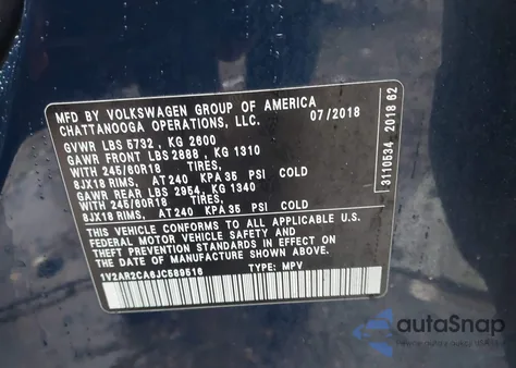 2018 Volkswagen Atlas 3.6L V6 S из США, поврежденный, VIN 1V2AR2CA6JC589516